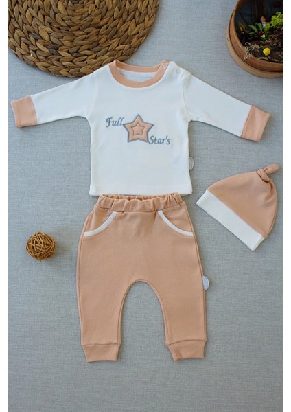 3-6 6-9 9-12 Ay Full Star Nakışlı Şapkalı Uzun Kollu Sweat 3lü Erkek Bebek Takımı Buğday