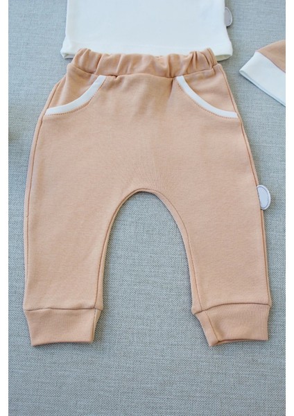 3-6 6-9 9-12 Ay Full Star Nakışlı Şapkalı Uzun Kollu Sweat 3lü Erkek Bebek Takımı Buğday modelleri