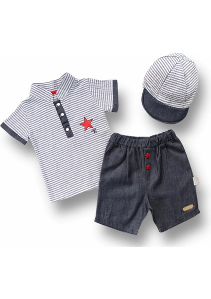 6-9 9-12 12-18 Ay Vip Yaka Şapkalı Kısa Kollu Sweat 3lü Erkek Bebek Takımı Gri