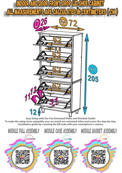 VARBİ UMAY' 2 Li Kapı Önü 72x205x26 cm’ lik 5 Düşer Kapak 10 Göz Bölme Raf Ayakkabılık