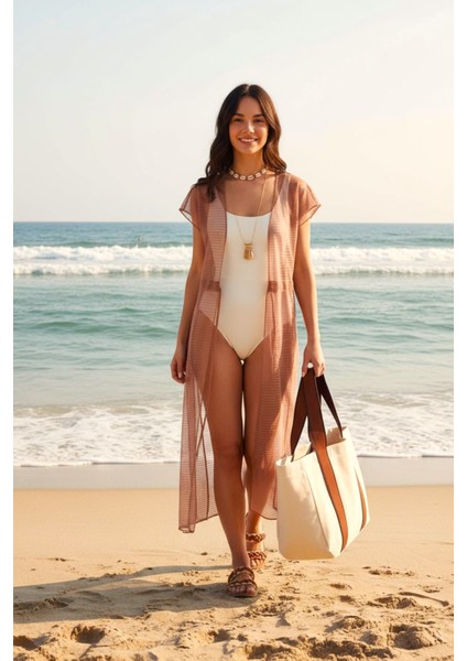 Bysen Plaj Giyim Maxi Yırtmaçlı Önden Bağlamalı Kimono-Yelek