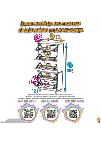 VARBİ UMAY' 2 Li Antre Hol 72x205x26 cm’ lik 5 Düşer Kapak 10 Raflı Ayakkabılık