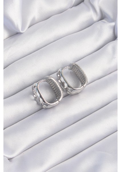 Pirinç Gümüş Renk Zirkon Taşlı Minimal Halka Küpe - Lisinya fiyatları