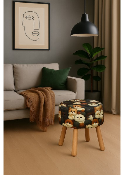 pufcuk dekoratif ve rahat puf - kedi figürlü - gürgen ayaklı - yuvarlak puf - çok amaçlı kullanım - modern bench