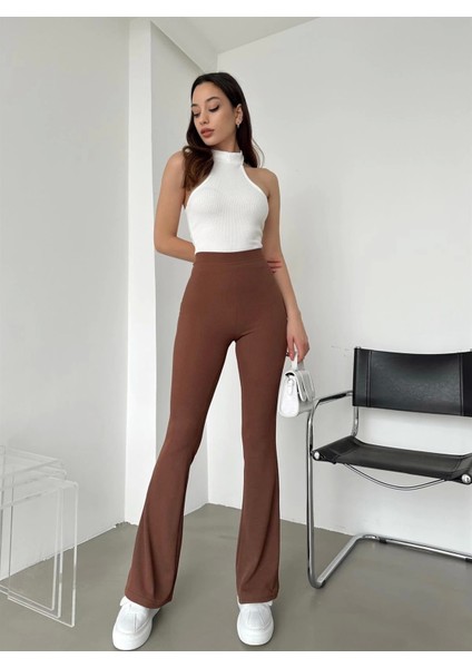 Şık ve Rahat Yüksek Bel Ispanyol Paça Fitilli Toparlayıcı Kahverengi Tayt ( Lisinya )