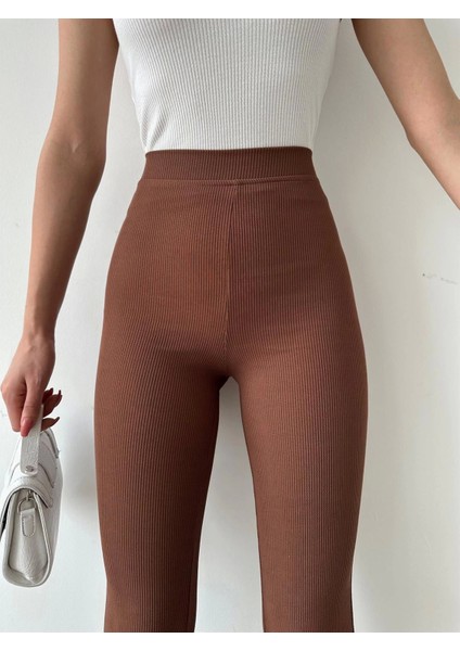 Şık ve Rahat Yüksek Bel Ispanyol Paça Fitilli Toparlayıcı Kahverengi Tayt ( Lisinya ) fırsatları