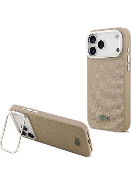iPhone 17 Pro Max Kılıf Lacoste Lisanslı M-Safeli Pu Pike Desenli Standlı Metal Logolu Kapak Bej