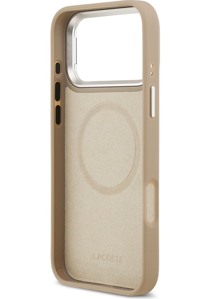 iPhone 17 Pro Max Kılıf Lacoste Lisanslı M-Safeli Pu Pike Desenli Standlı Metal Logolu Kapak Bej