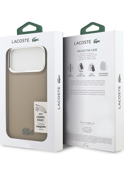 iPhone 17 Pro Max Kılıf Lacoste Lisanslı M-Safeli Pu Pike Desenli Standlı Metal Logolu Kapak Bej
