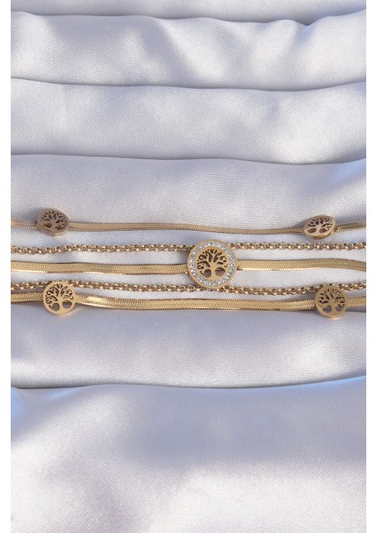 316L Çelik Gold Renk Italyan Zincir Detaylı Zirkon Taşlı Yaşam Ağacı Tasarımlı Çoklu Bileklik - Lisinya fiyatları