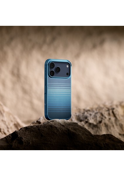iPhone 17 Pro Max Kılıf M-Safeli Pitaka Tactile Woven Sunset-Moonrise Aramid Pro Guard Kapak Mavi