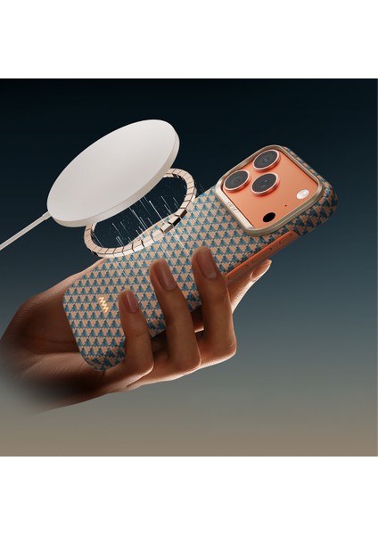 iPhone 17 Pro Max Uyumlu Kılıf M-Safe Şarj Özellikli Raptic Aramid Skin Origin Seri Kapak Gold-Mavi