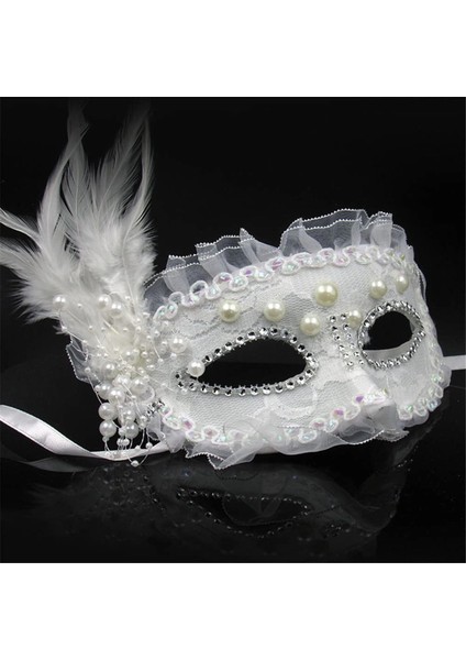 Beyaz Renk Yandan Tüylü Inci Işlemeli Taşlı Dantelli Parti Maskesi 17X12 cm fiyatları
