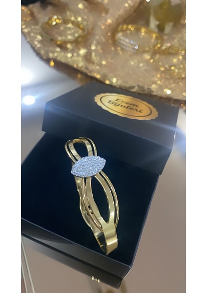 Çelik Altın Kaplama Taşlı Kelepçe Bileklik