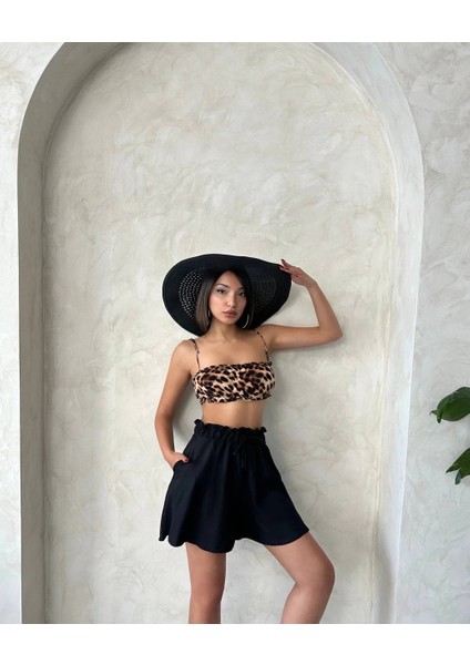 Volanlı Keten Şort Siyah S255058