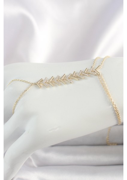 Pirinç Gold Renk Zirkon Taşlı V Model Kadın Şahmeran - Lisinya