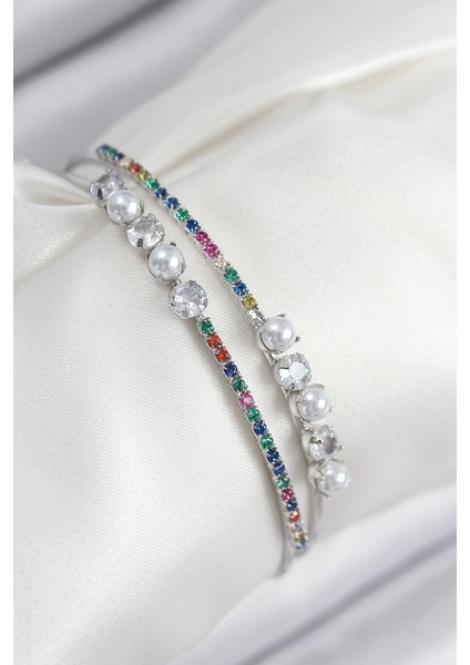 Pirinç Zirkon Taşlı Inci Model Gümüş Renk Kadın Bileklik - Lisinya