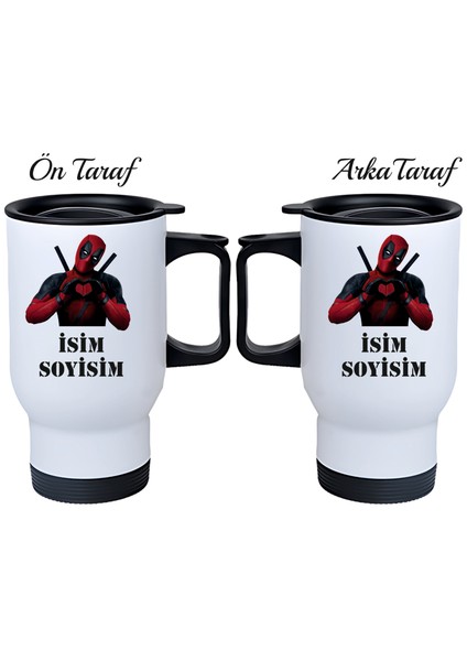 Kişiye Özel Kulplu Çelik Termos Bardak Deadpool Temalı