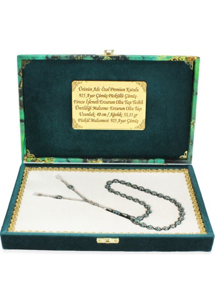 Premium Kutulu 925 Ayar Gümüş Püsküllü Arpa Kesim Gümüş Firuze Işlemeli Erzurum Oltu Taşı Tesbih fırsatları