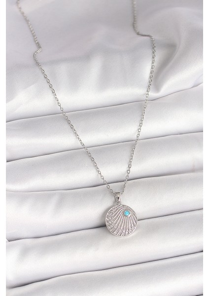 316L Çelik Gümüş Renk Zincir Zirkon Taşlı Mavi Taş Detaylı Madalyon Model Kadın Kolye - Lisinya fiyatları