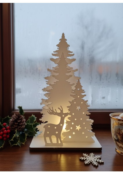 Yılbaşı Süsleri Lamba Gece Geyik ve Ağaç Sahne Işığı Ahşap