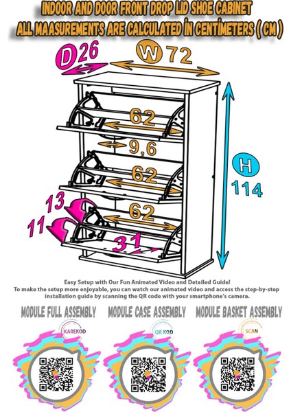 VARBİ Asma Antre Hol 72x115x26 cm’ lik 3 Düşer Kapak 6 Göz Bölmeli Ayakkabılık