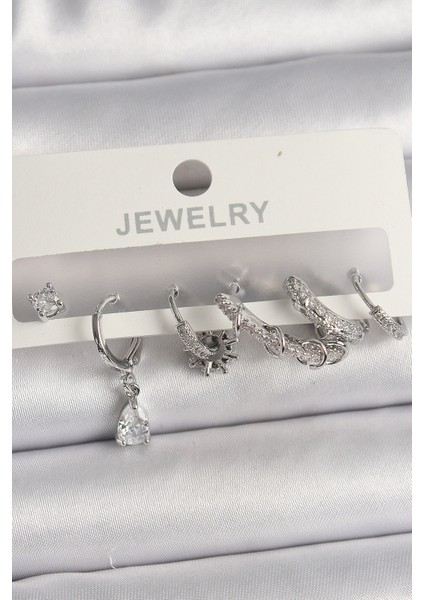 Pirinç Gümüş Renk Sallantı Zirkon Taşlı Halka Model Damla Taş Detay Kadın Küpe Seti - Lisinya