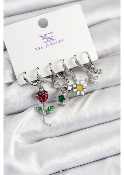 Pirinç Zirkon Taşlı Gül ve Papatya Model Gümüş Renk 3'lü Çift Kadın Küpe - Lisinya