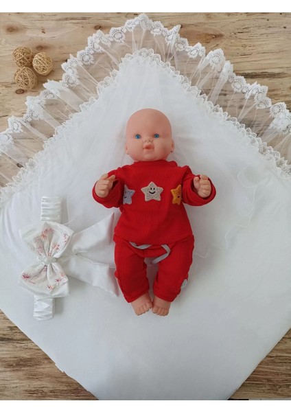 Yenidoğan Hanımeli Desenli Taç Nakışlı Delüks Kundak Bebek Battaniyesi Ekru modelleri