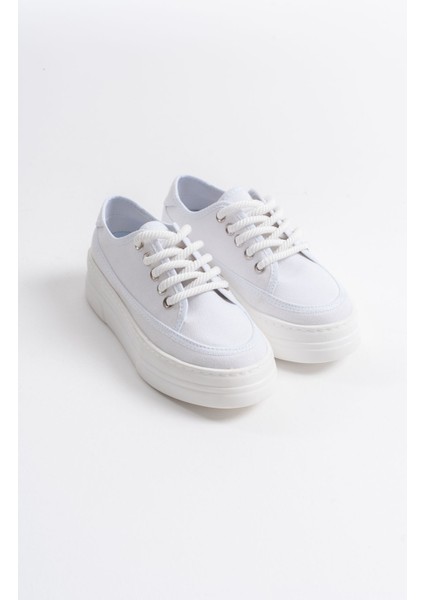 Gloex Premium Kadın Beyaz Keten Spor Ayakkabı