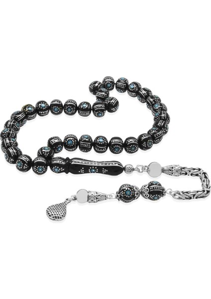 925 Ayar Gümüş Kral Püsküllü Yoğun Gümüş Firuze Işlemeli Erzurum Oltu Taşı Tesbih