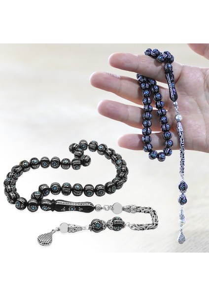 925 Ayar Gümüş Kral Püsküllü Yoğun Gümüş Firuze Işlemeli Erzurum Oltu Taşı Tesbih fiyatları