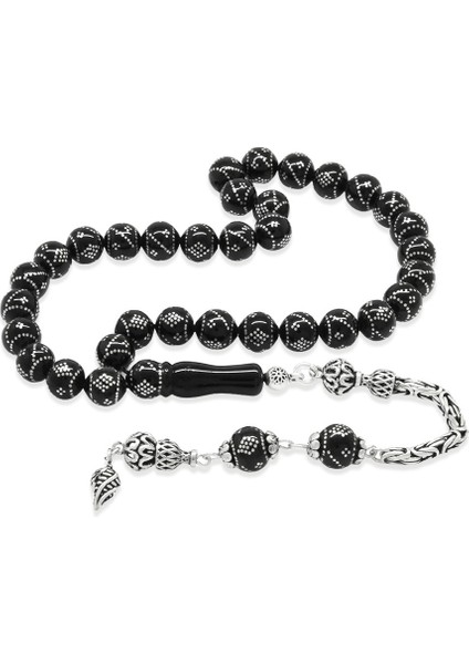 Erzurum Oltu Taşı Tesbih - 925 Ayar Gümüş Kral Püsküllü - Yoğun Gümüş Işlemeli - Küre Kesim