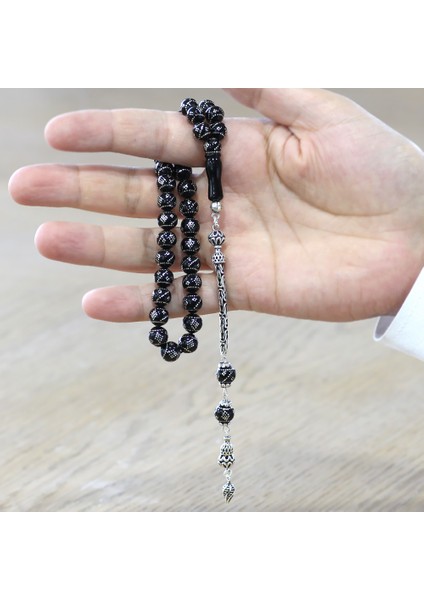 Erzurum Oltu Taşı Tesbih - 925 Ayar Gümüş Kral Püsküllü - Yoğun Gümüş Işlemeli - Küre Kesim modelleri