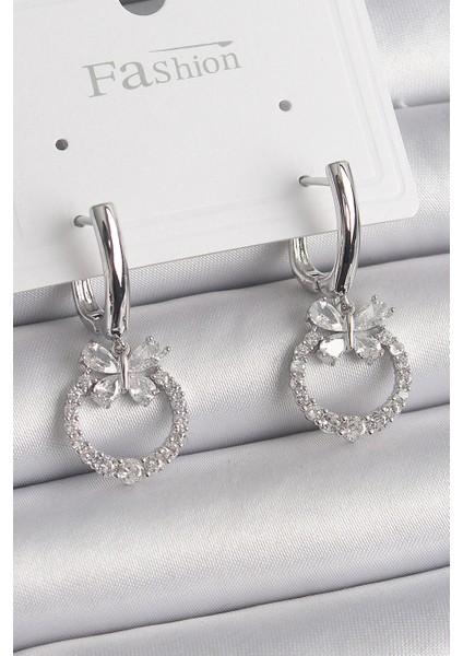 Pirinç Gümüş Renk Zirkon Taşlı Kelebek Figür Sallantı Detay Kadın Küpe - Lisinya