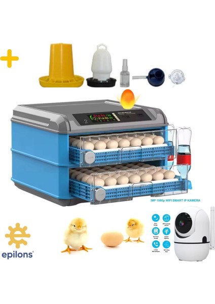 Tam Otomatik 128 Yumurta Kapasiteli Kuluçka Makinesi - Civciv Kaz Hindi Ördek Yetiştiriciliği Kablosuz Kamera Hediyeli ( Lisinya )