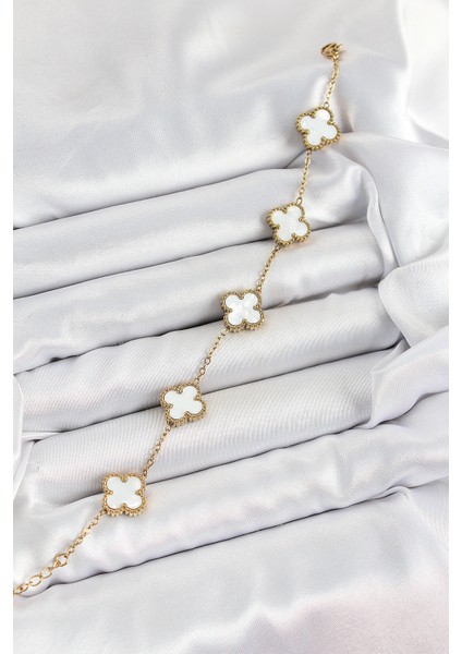 316L Çelik Beyaz Sedef Yonca Model Gold Renk Kadın Bileklik - Lisinya fiyatları