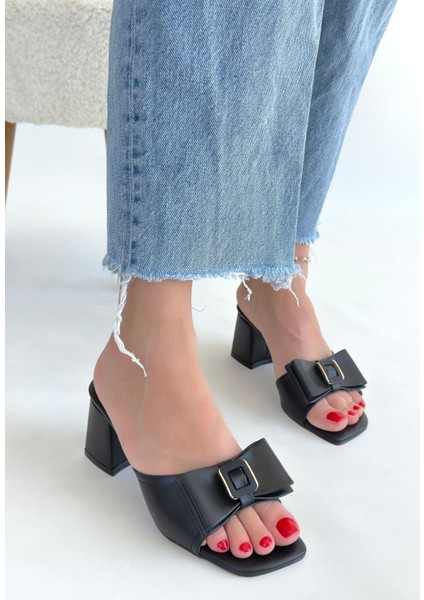 Veor Siyah Cilt Topuklu Terlik - Lisinya modelleri