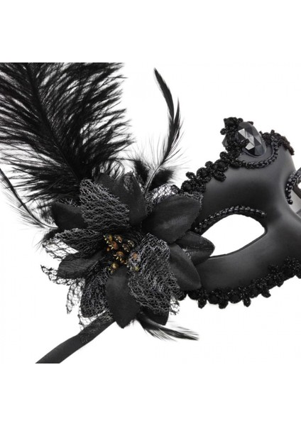 Siyah Mat Renk Yandan Tüylü Güllü Parti Balo Venedik Maskesi 16X22 modelleri