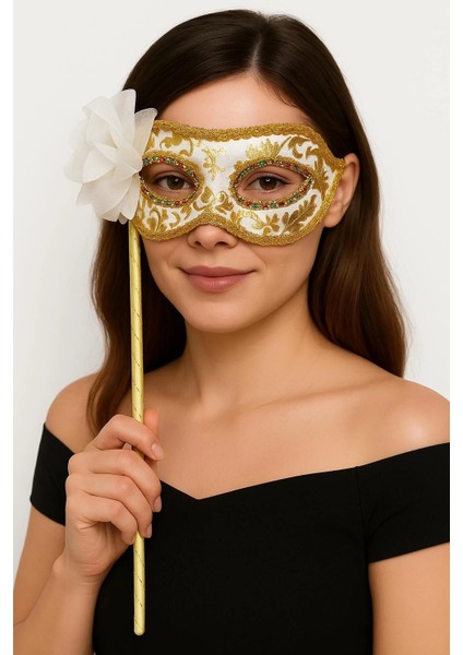 Lüks Taşlı Saplı Maskeli Balo Maskesi Beyaz Renk 35 cm