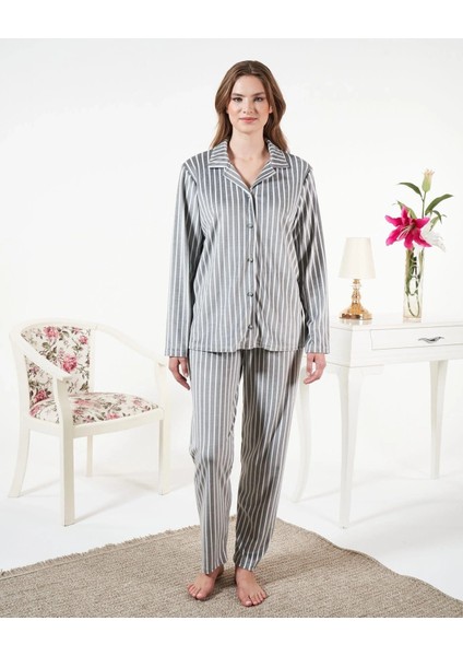Estiva 25360 Gömlek Yaka Çizgili Kadife Pijama Takımı