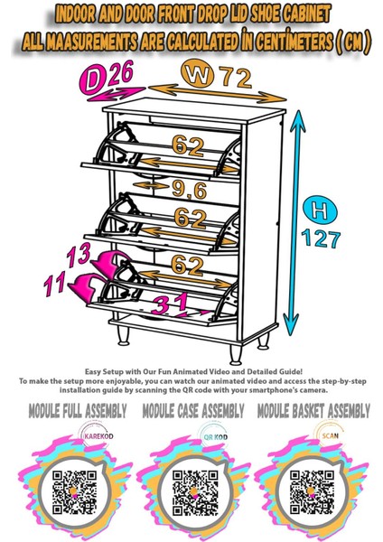 VARBİ Kapı Önü 72x 127x26 cm’ lik 3 Düşer Kapak 6 Göz Raf Bölmeli Ayakkabılık