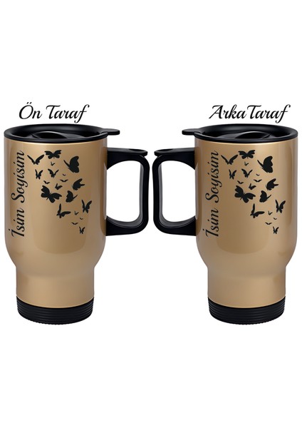 Kişiye Özel Kulplu Çelik Termos Bardak Kelebek Temalı