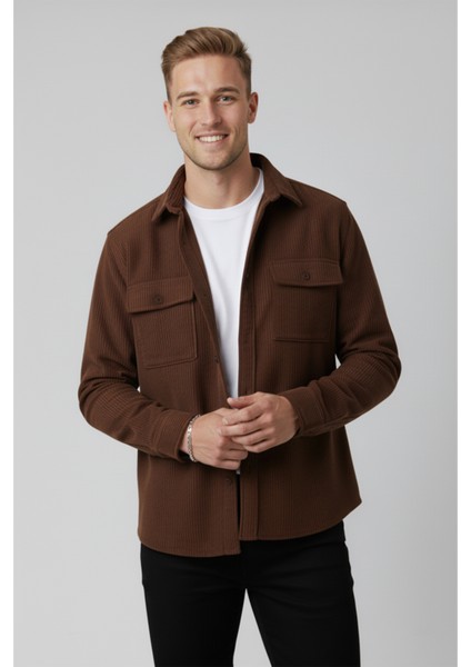 Kiremit Cepli Likralı Kadife Kumaş Rahat Kesim Erkek Gömlek – Yumuşak Dokulu, Şık Tasarım Gömlek 2600759