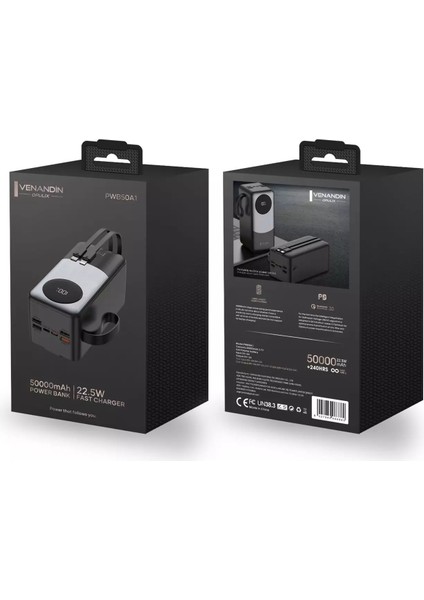🔋 Venandin Opulix PWB50A1 50.000 Mah LED Göstergeli 22.5W Hızlı Kendinden Kablolu Powerbank | Ultra Kapasite, Çoklu Cihaz Desteği
