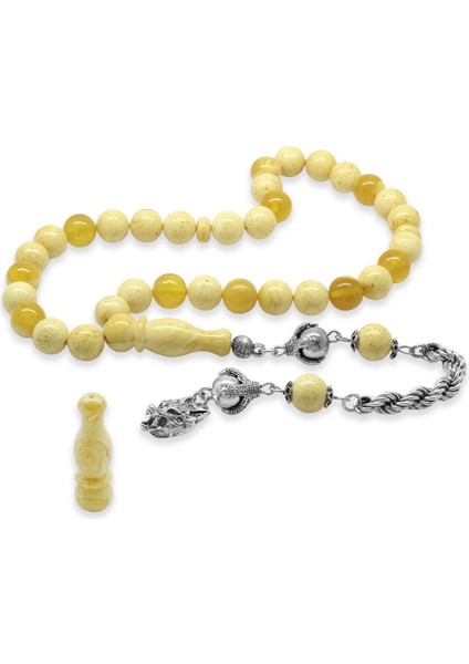 Premium Kutulu 925 Ayar Gümüş Bozkurt Püsküllü King Seccer Beyaz Sarı Hareli Damla Kehribar Tesbih