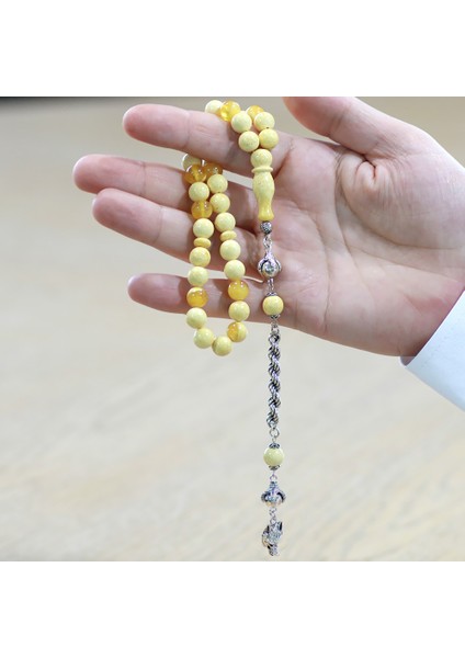 Premium Kutulu 925 Ayar Gümüş Bozkurt Püsküllü King Seccer Beyaz Sarı Hareli Damla Kehribar Tesbih indirimleri