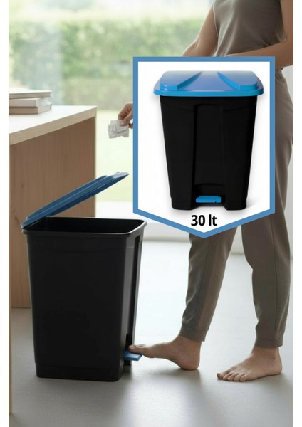 Slim Pedallı Çöp Kovası 30 Lt Mavi -Siyah - Hijyenik Ayaklı Çöp Tenekesi İç ve Dış Mekan