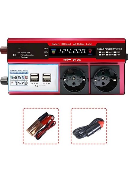 12V 2000W Modifiye Sinus Inverter Araç ve Güneş Enerjisi Uyumlu, Çift Usb, Çift Priz ve Çakmaklık ( Lisinya )