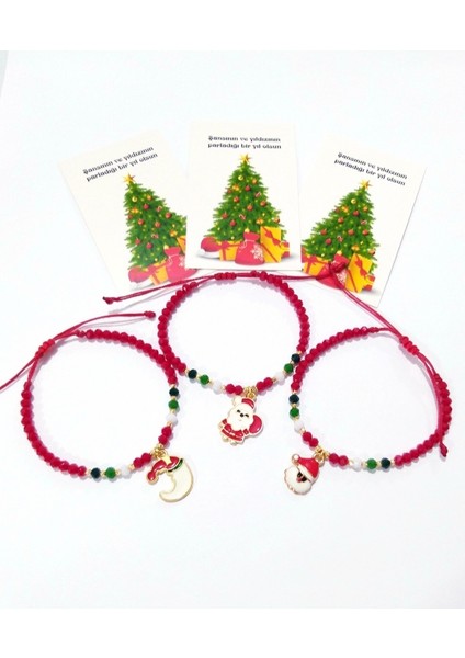 Üç Adet Yılbaşı Kartlı Kristal Boncuklu Noel Baba Yeni Yıl Temalı Bileklik fırsatları